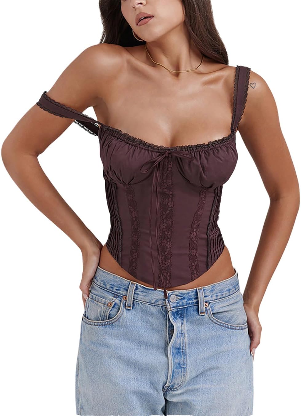 Women's Lace Up Cami Corset Tops Cold Shoulder Zip Side Ties Back Sexy Going Out Bodyshaper Bustier Top - Image 2