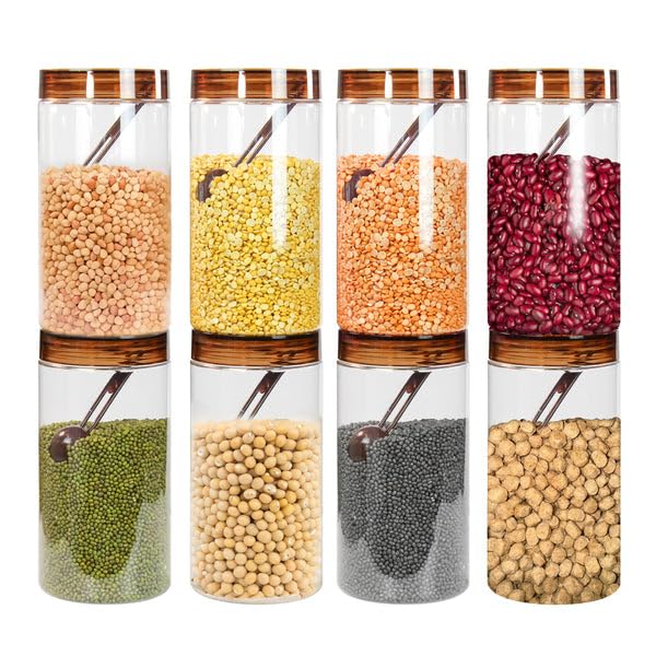 Image of PEARLPET Plastic Containers for Kitchen Storage | Plastic Container Set with Spoon | BPA-Free, Stackable Jars | Brown, 1700ml (Set of 8)