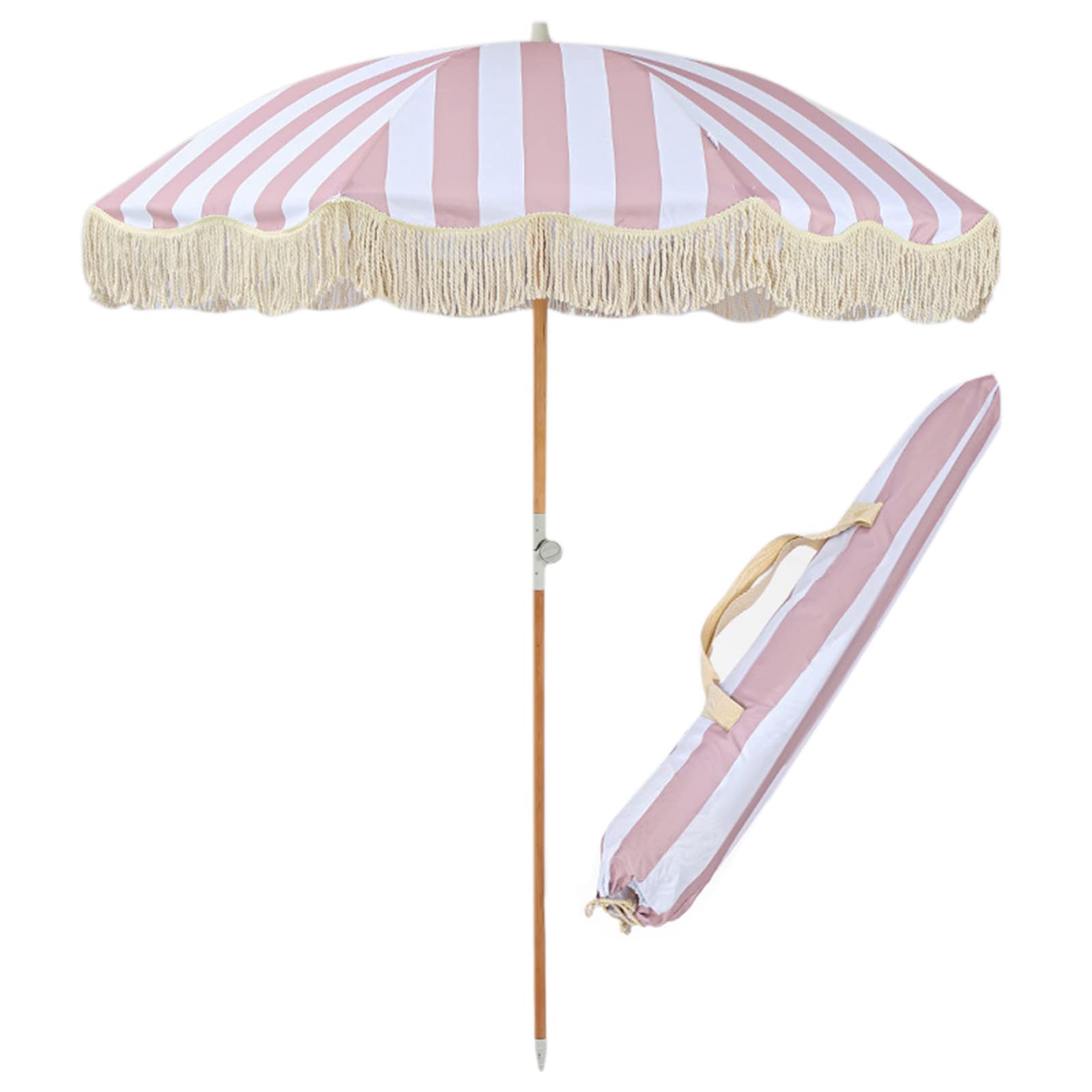 WDSOPK Outdoor Tassel Umbrella,Outdoor Patio Umbrella,Pink Boho Beach Umbrella With Fringe,Market Striped Umbrella With Push Button Tilt