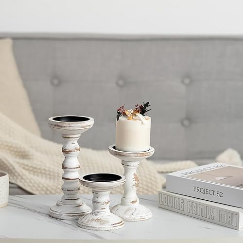 Miniatura 7 de Romadedi Portavelas de madera para velas de pilar Juego de 3 portavelas de madera de granja alto, soporte de vela rústico para chimenea, manto,