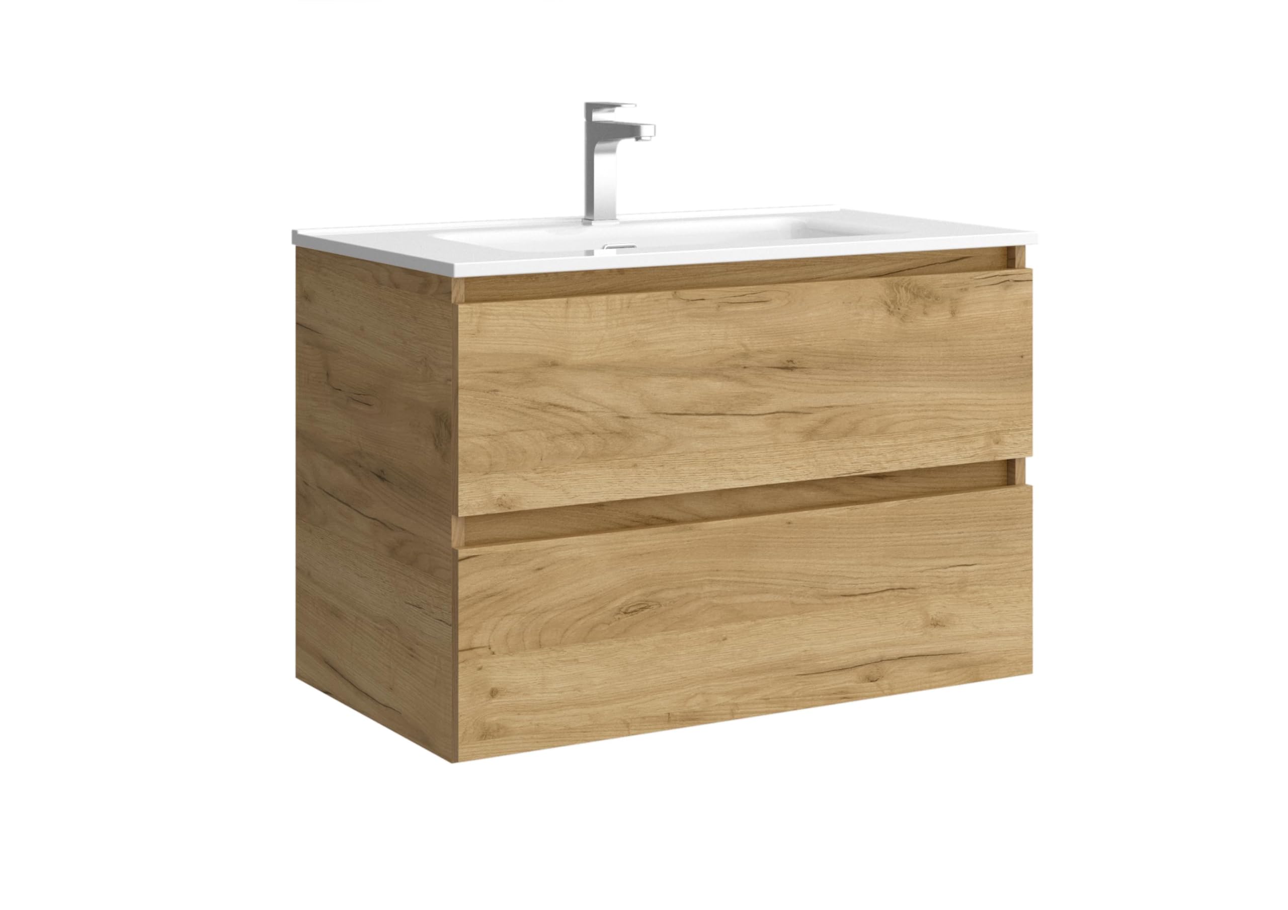 Mueble de baño Bequia 80 cm con Lavabo 100% montado de fábrica | Acabado Roble suspendido 2 cajones Cierre amortiguado Apertura con uñero | Lavabo Porcelana Blanca | Marca Salgar