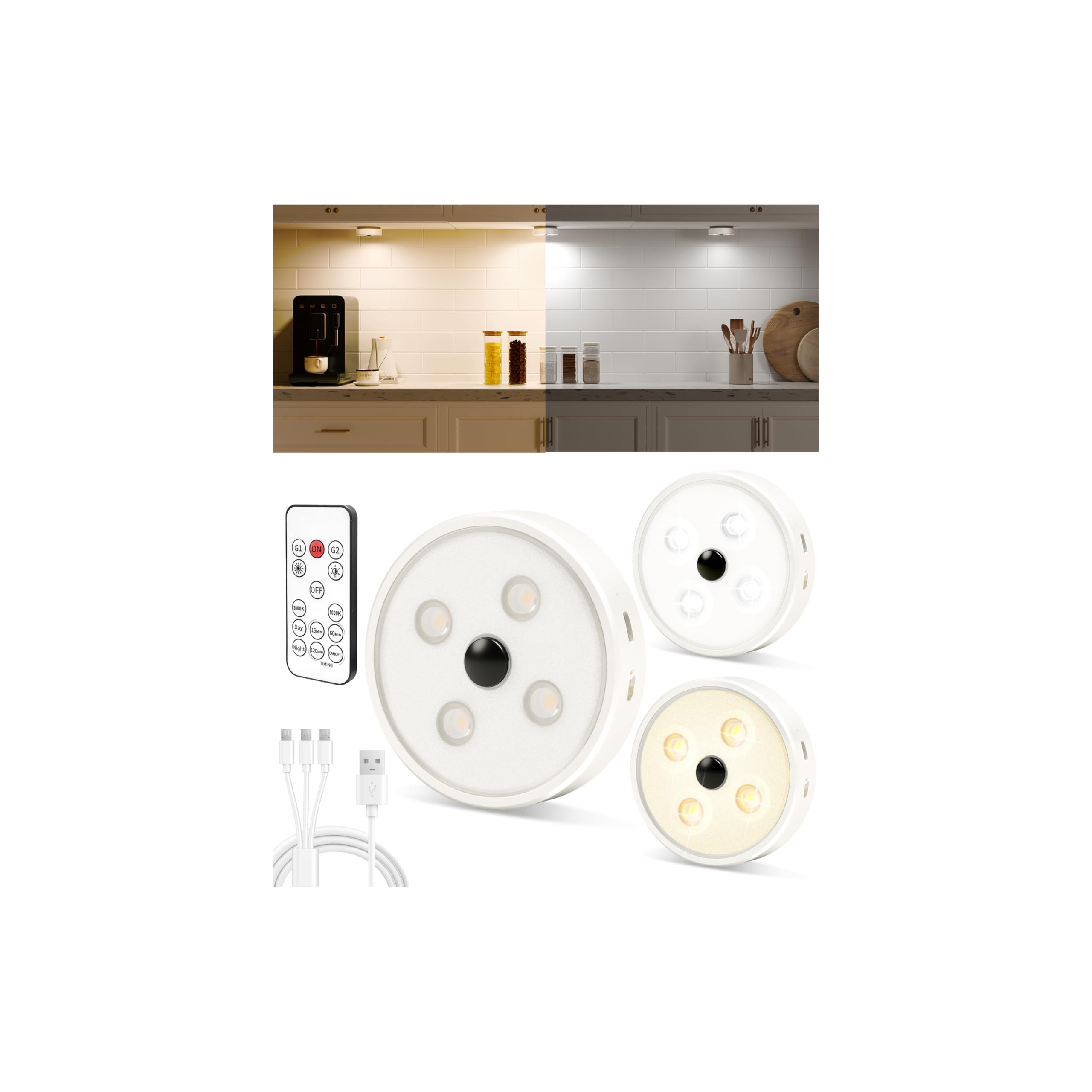 EZVALO Set of 3 Puck Lights with Remote Control, Rechargeable LED, Battery Operated, Wireless Group Control, Dimmable Under-Desk Lighting