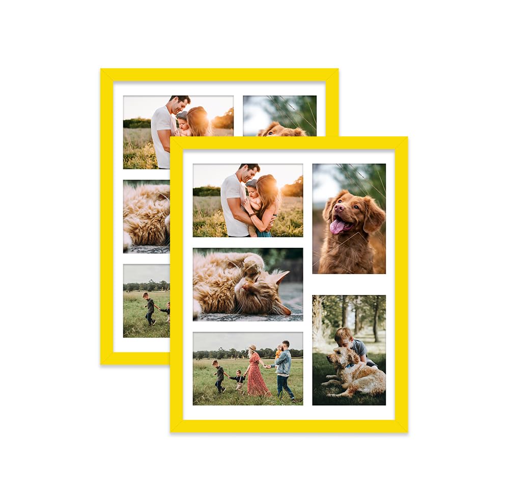 Yellow Multi Photo Frame - Holds 5 x 6x4 Pictures, Family Collage Picture Frame for Wall Display, 14x11 Frame size, Set of 2
