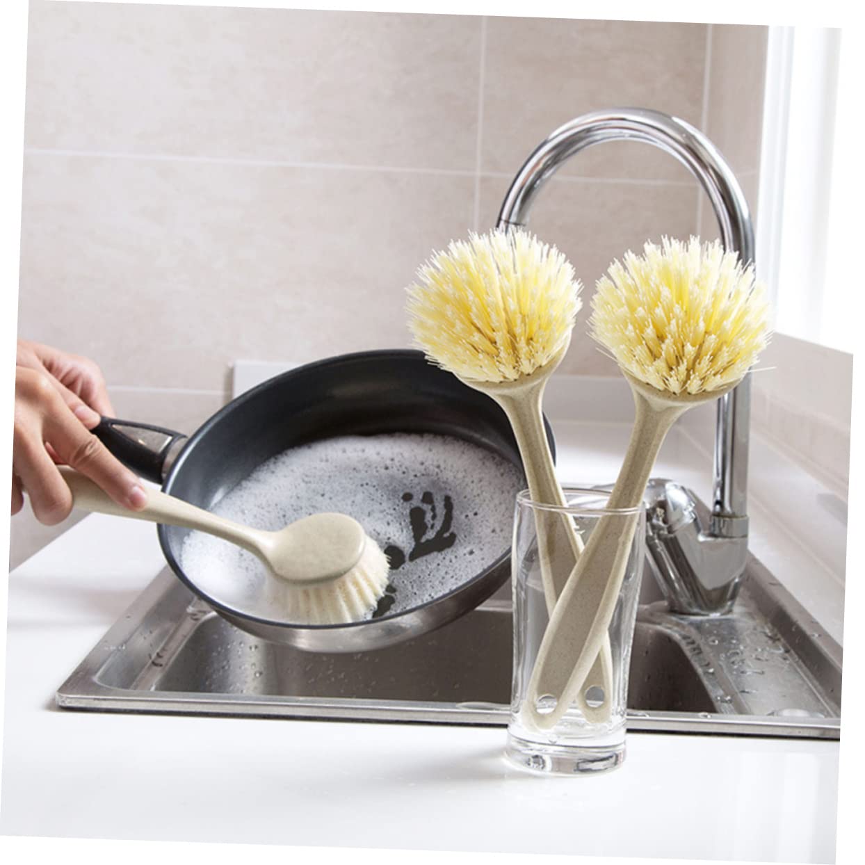 Healvian 9pezzi Spazzole Per Pulizia Cucina Con Manico Spazzole Per Pentole e Lavello Beige Per Piani Di Cottura Padelle e Bagni