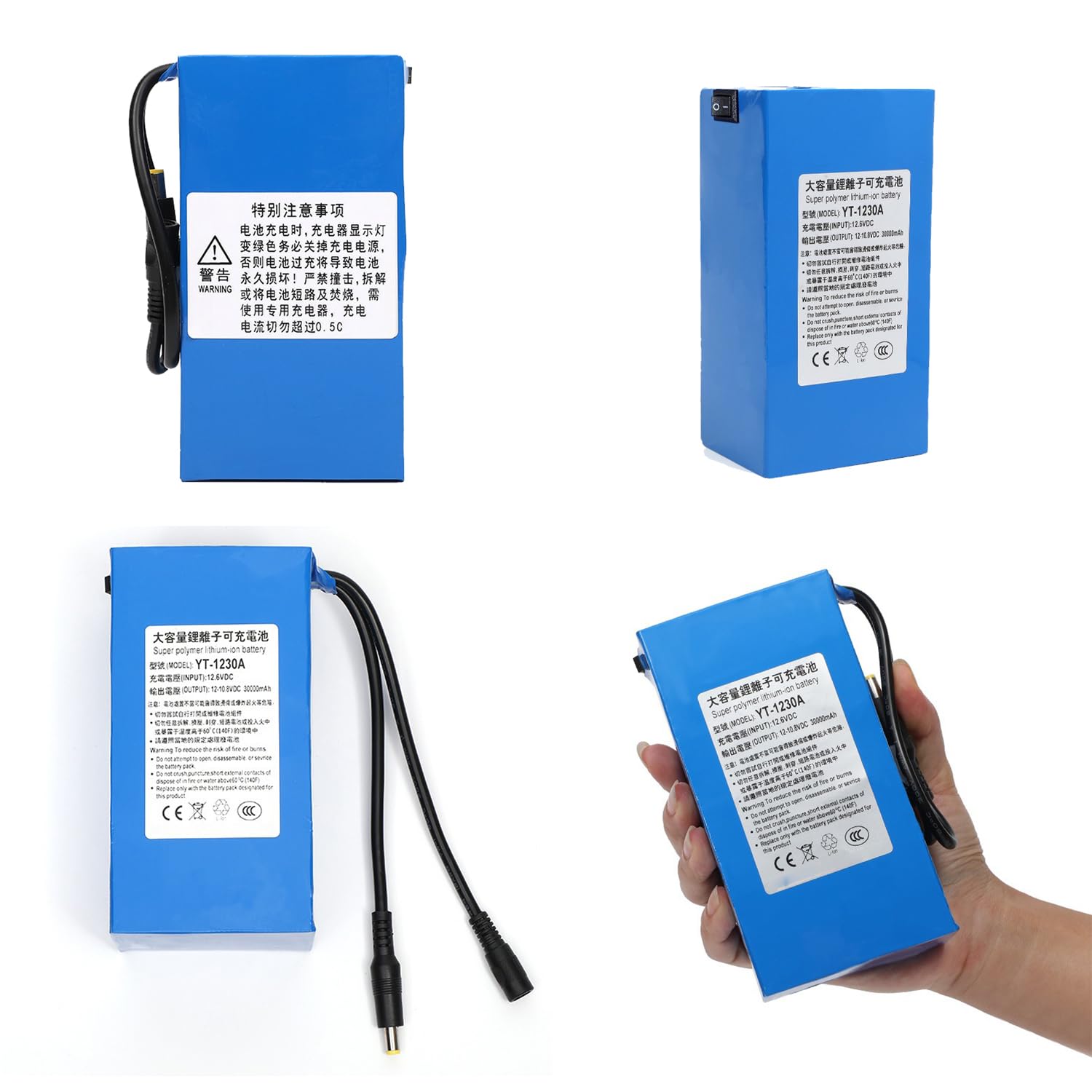 Batería Iones Litio Recargable 12V 30Ah batería de polímero de Litio portátil de 30 000 mAh para Equipos electrónicos de 12 V con Cargador,No Light 12v30000mah