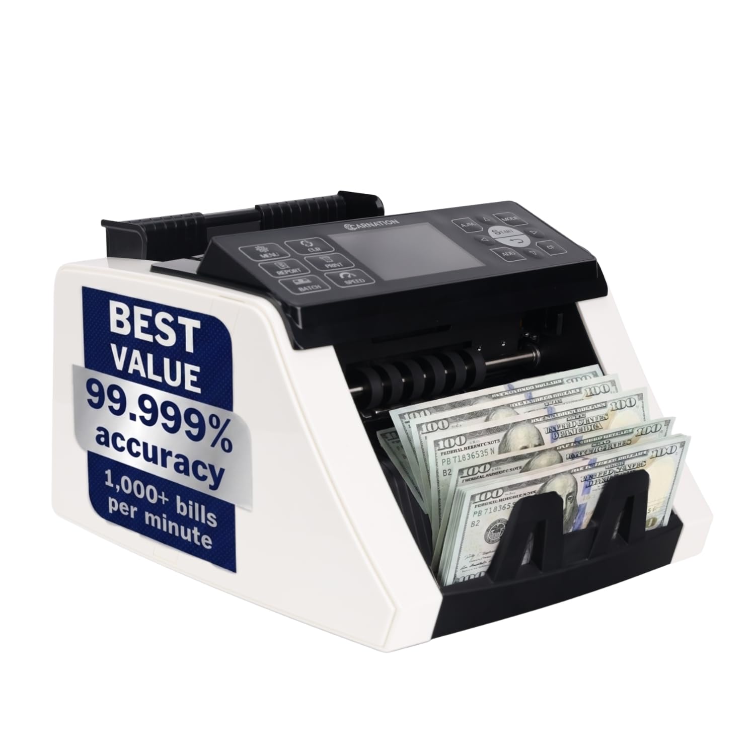 CARNATION Money Counter Machine – Cash Counting &amp; Mixed Denomination Bill Counter, Portable Currency Detector, Counterfeit Bank Scanner, Dollar Sorter for Commercial, up to 1200 N/M, UV/MG/MT/IR/CIS