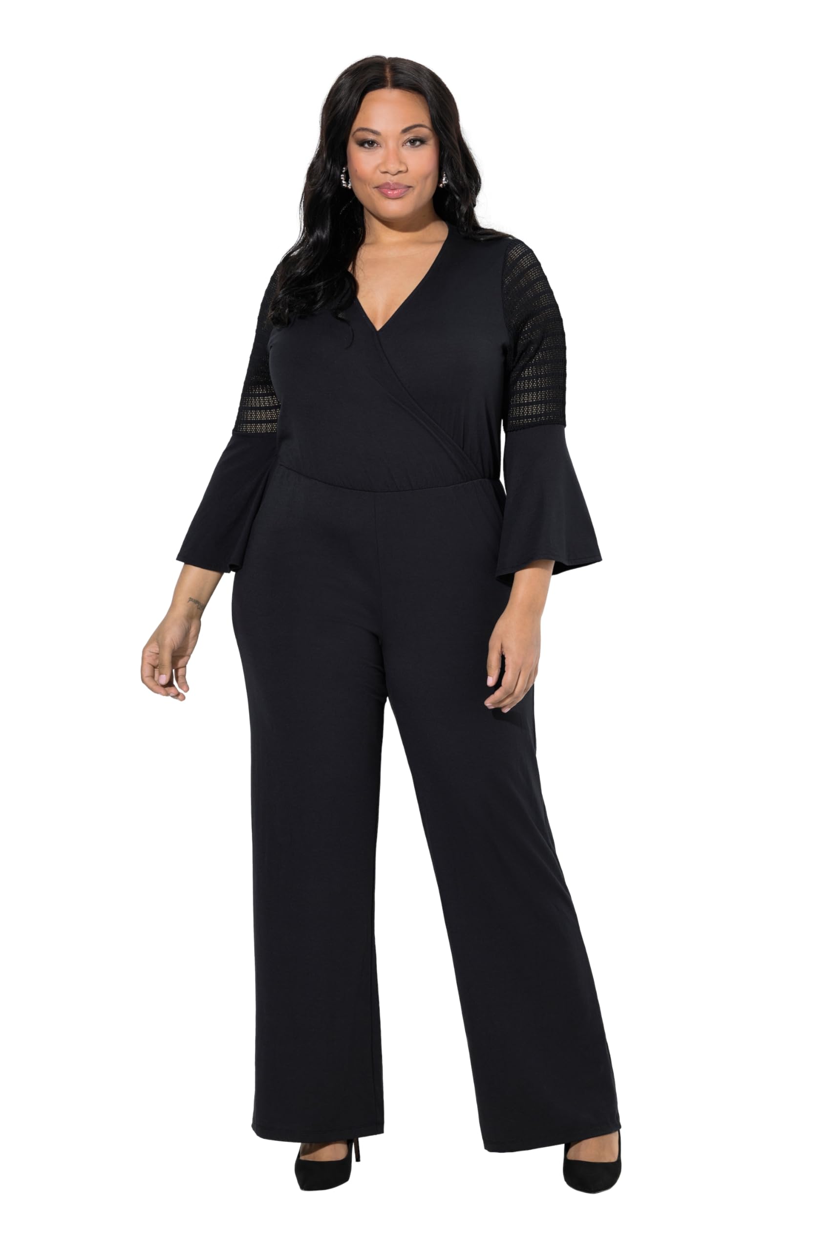Ulla Popken Damen große Größen Übergrößen Plus Size Jumpsuit, Wickeloptik, V-Ausschnitt, Langarm 850023