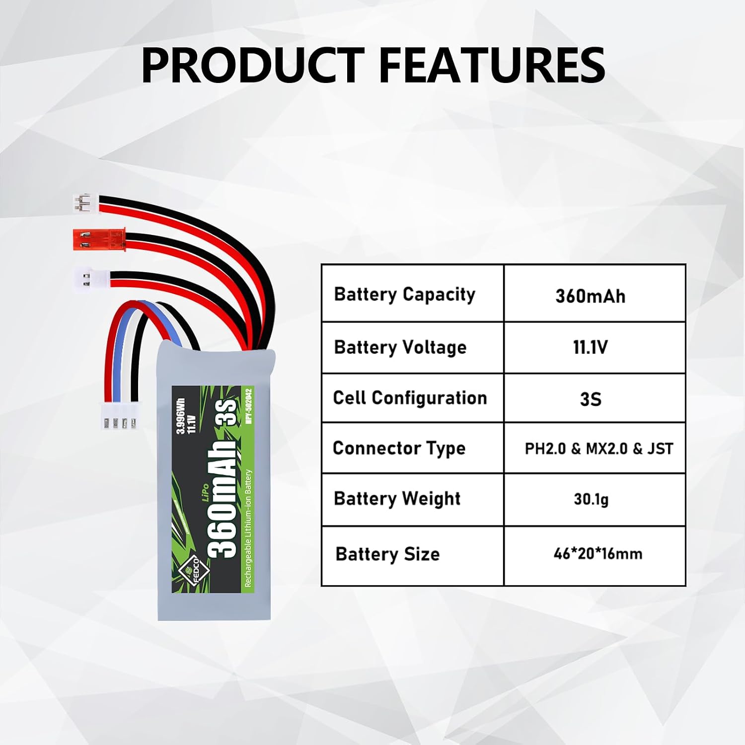 3S Lipo Battery 11.1V 360mAh Rechargeable RC Battery JST&MJ&PH2.0&MX2.0 Plug Connector with USB Charger for SCX24 Upgrades FCX24 CR18P and Most 1/18 1/24 RC Car RC Truck and RC Drone