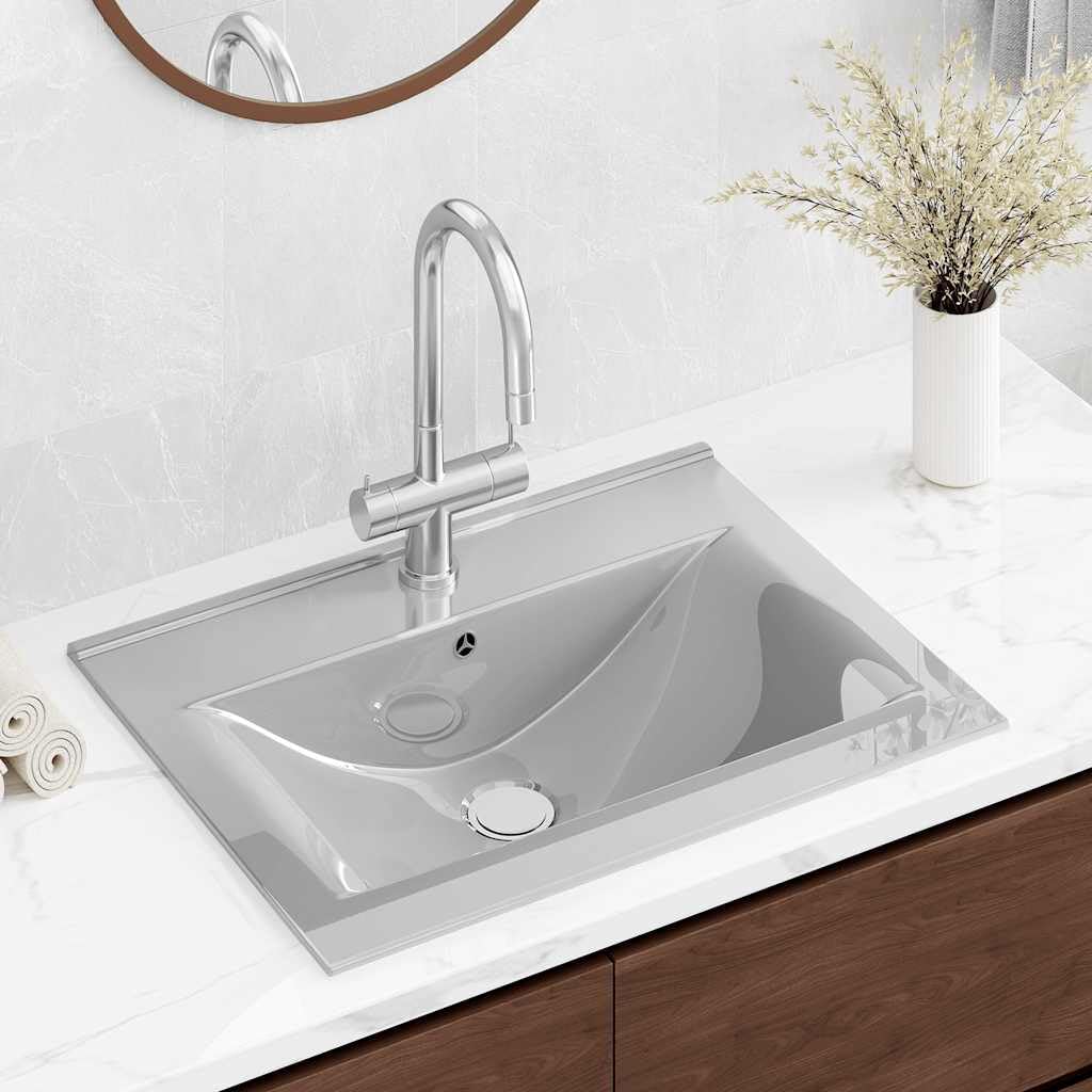 Lavabo de cerámica plateado 60 x 46 cm con rebosadero | Lavabo rectangular brillante para baño y aseo de invitados, flexible como lavabo empotrado o colgante.