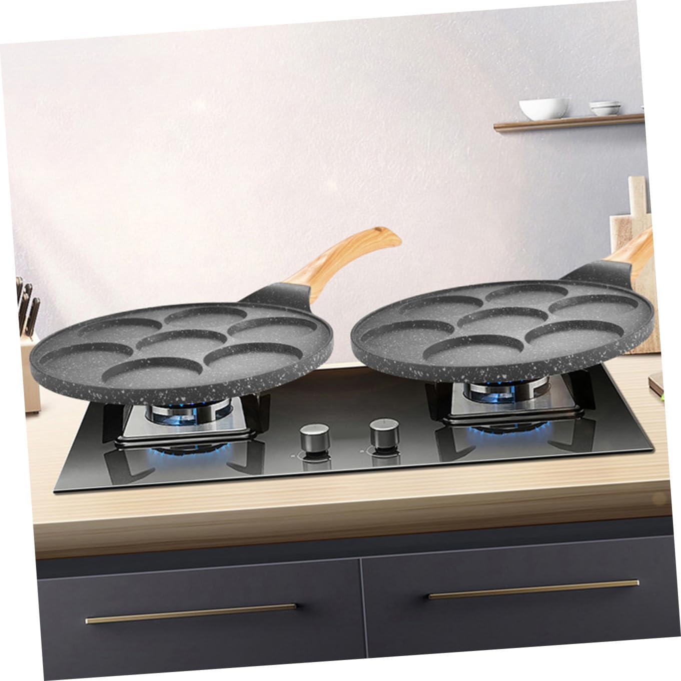 VALICLUD Outdoor Seven Hole Non Stick Frying Pan for Pancakes and Eggs High Temperature Resistant Stone Material Skillet with Heat Insulated Handle Kitchen Supply for Camping and Home