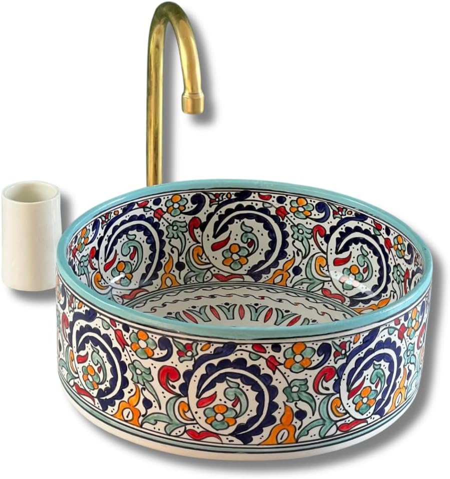 Handmade Countertop Ceramic Wash Basin Sink, Floral Sink Bowl, Hand Painted Above Counter Vanity Vessel Sink, Farmhouse Bathroom Ceramic Basin with 2 Gifts (16"= 40cm)