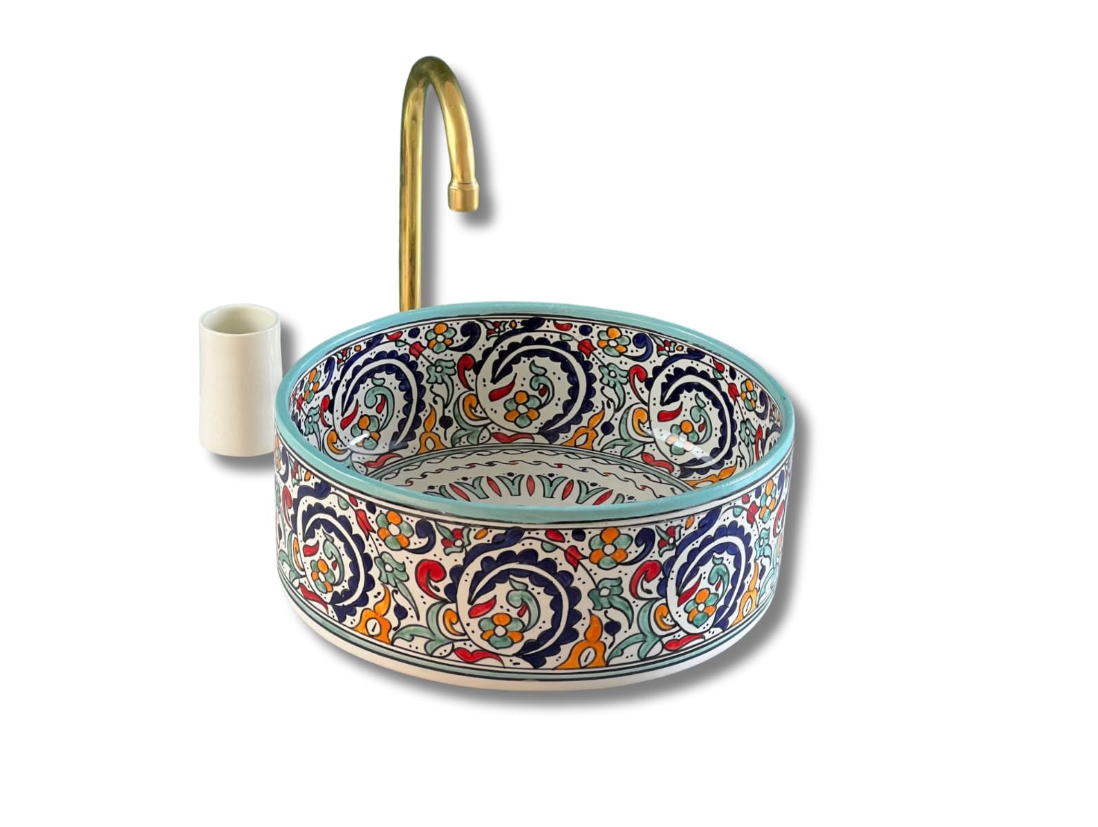 Handmade Countertop Ceramic Wash Basin Sink, Floral Sink Bowl, Hand Painted Above Counter Vanity Vessel Sink, Farmhouse Bathroom Ceramic Basin with 2 Gifts (8"= 20cm)