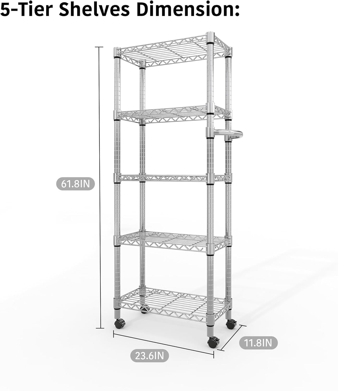 500 kg, regał magazynowy z drutu metalowego, regał do dużych obciążeń z bocznym uchwytem i kółkami, 5 regulowanych regałów magazynowych 30 x 60 x 155 cm, każdy udźwig do 100 kg do domu, garażu, kuchni