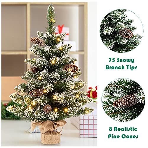 Goplus 25” Pre-Lit Mini Christmas Tree, Snowy Small Xmas Tree With 50 Led Lights, 8 Lighting Modes, 8 Pine Cones, Cloth Bag Base, Flocked Artificial Tabletop Christmas Tree For Home Office Decor #TOP4