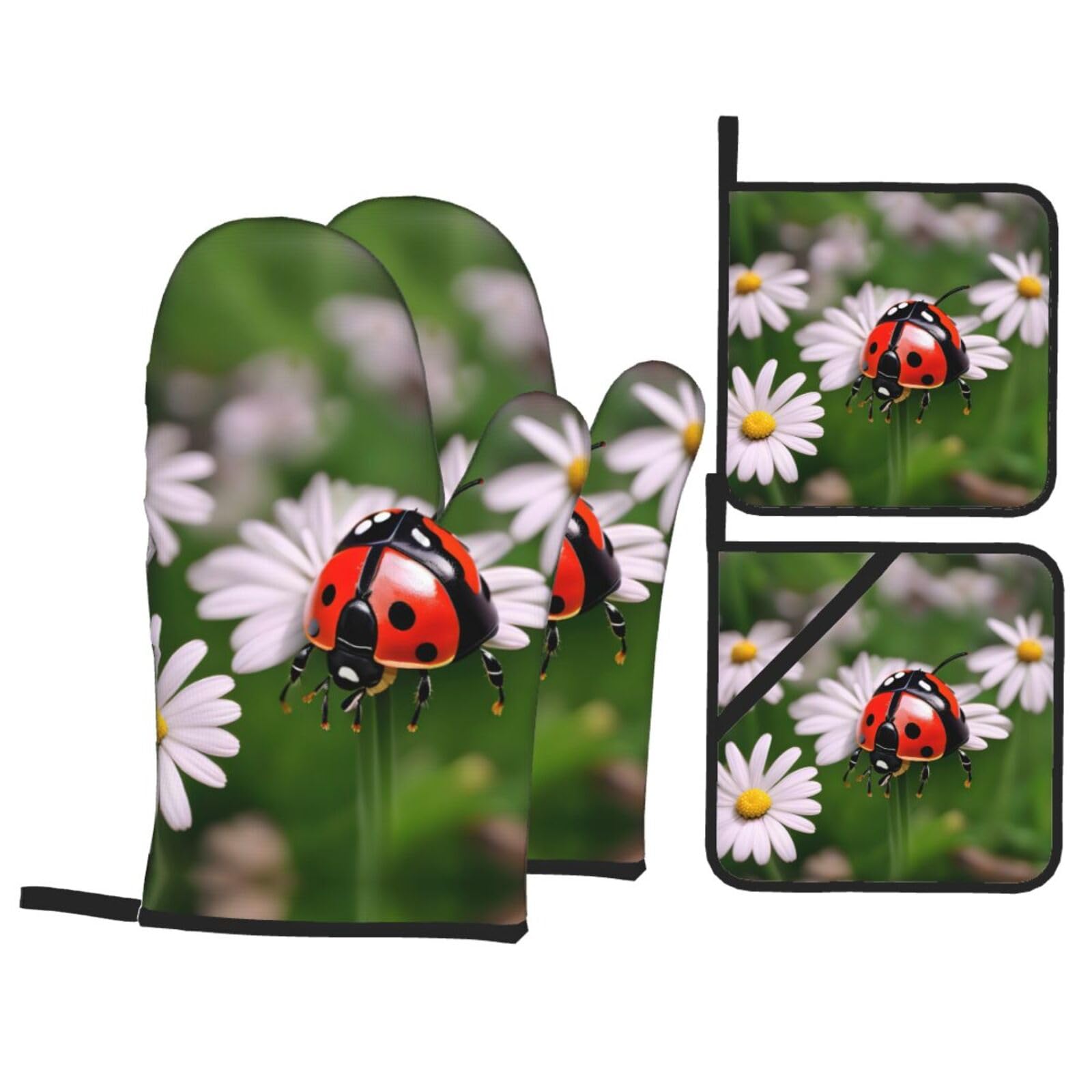 Ladybug Daisy Print Oven Mitts,Pot Holders, Heat Resistant Oven Mitts Gloves,Hot Pads for Kitchen Cooking Grill