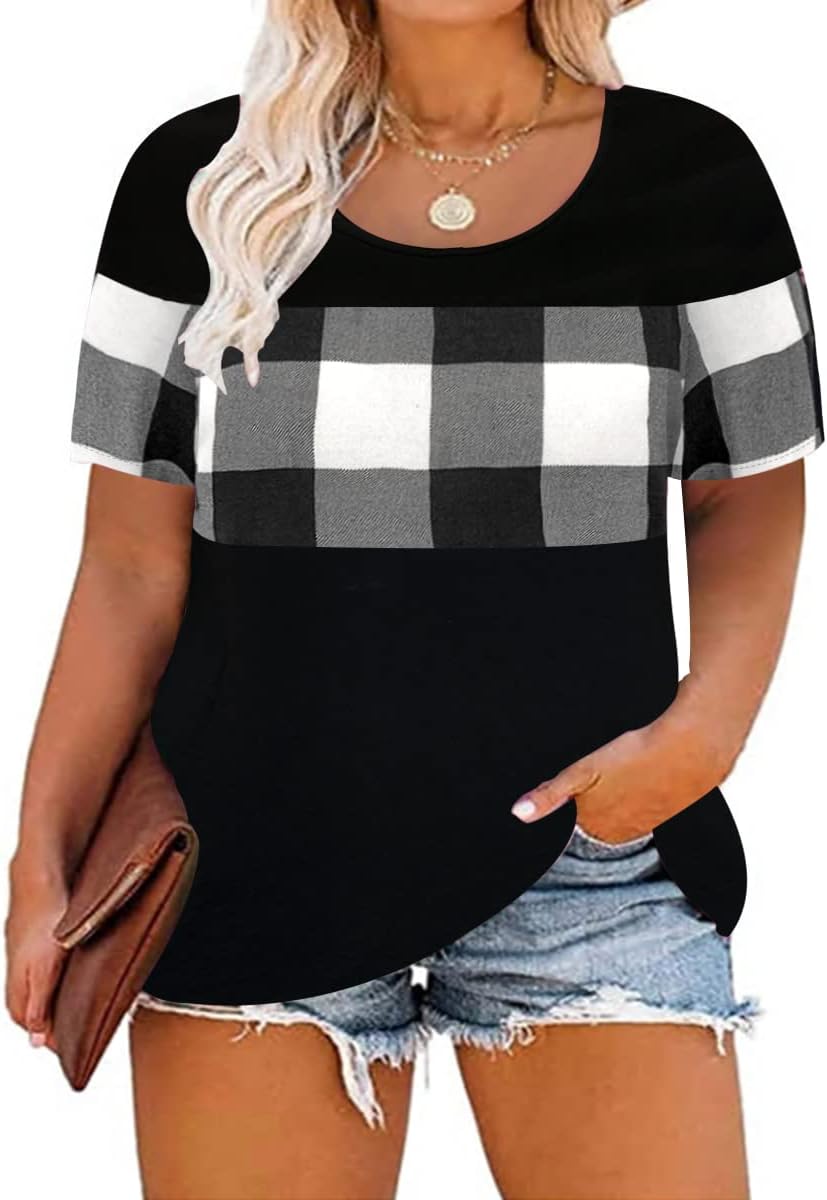 CARCOS Plus Size Tops for Women Short Sleeve Summer Pullover Color Block Crewneck/V Neck Tee Tunic Loose Fit Tshirts XL-5XL
