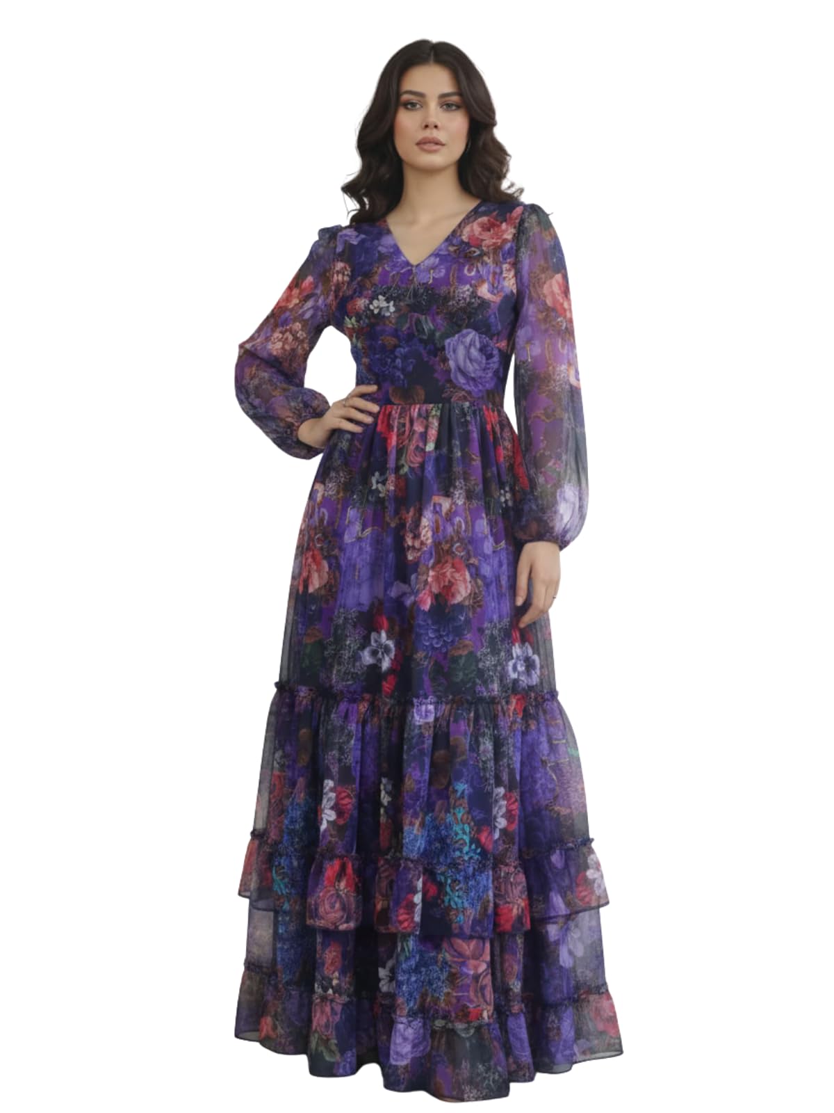greciilooks Women’s Georgette Floral Maxi Dress with V-Neck & Long Sleeves | Lightweight Tiered Flowy Gown for Party, Festive, Wedding Guest-picture-28