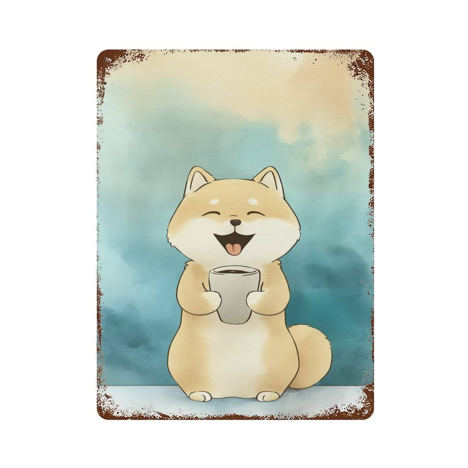 Smiling Shiba Inu with Coffee Vintage Metal Tin Sign 15.7"x11.8", Retro Wall Decor for Office, Studio And Wall Decor