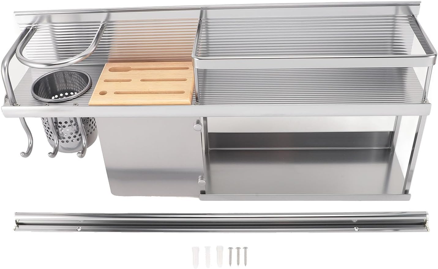 Wall Mounted Utensil Holder, 2 Tier Aluminum Alloy Organizer Shelf, Hanging Storage Rack with Hooks, for Knives Chopsticks Towel