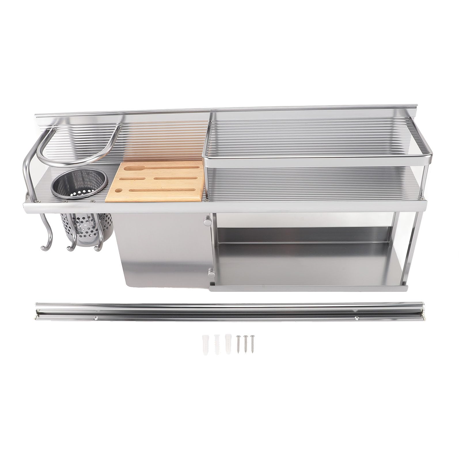Estante organizador de cocina de 2 niveles de aleación de aluminio montado en la pared para espátula, cuchara, frasco de condimentos