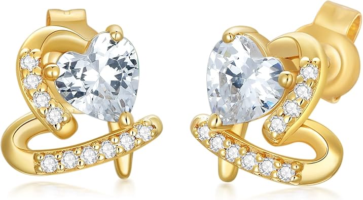Real Gold Heart Moissanite Stud Earrings, 10K Solid Gold Moissanite & Cubic Zirconia Stud Earrings, Gold Jewelry for Her Women