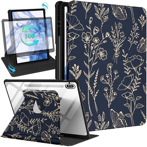 Wazzasoft Funda para Samsung Galaxy Tab S9 Fe 5g/S9 de 10.9/11 pulgadas, con soporte para lápices, para mujeres y niñas, bonita y femenina, diseño floral negro, diseño estético único, para