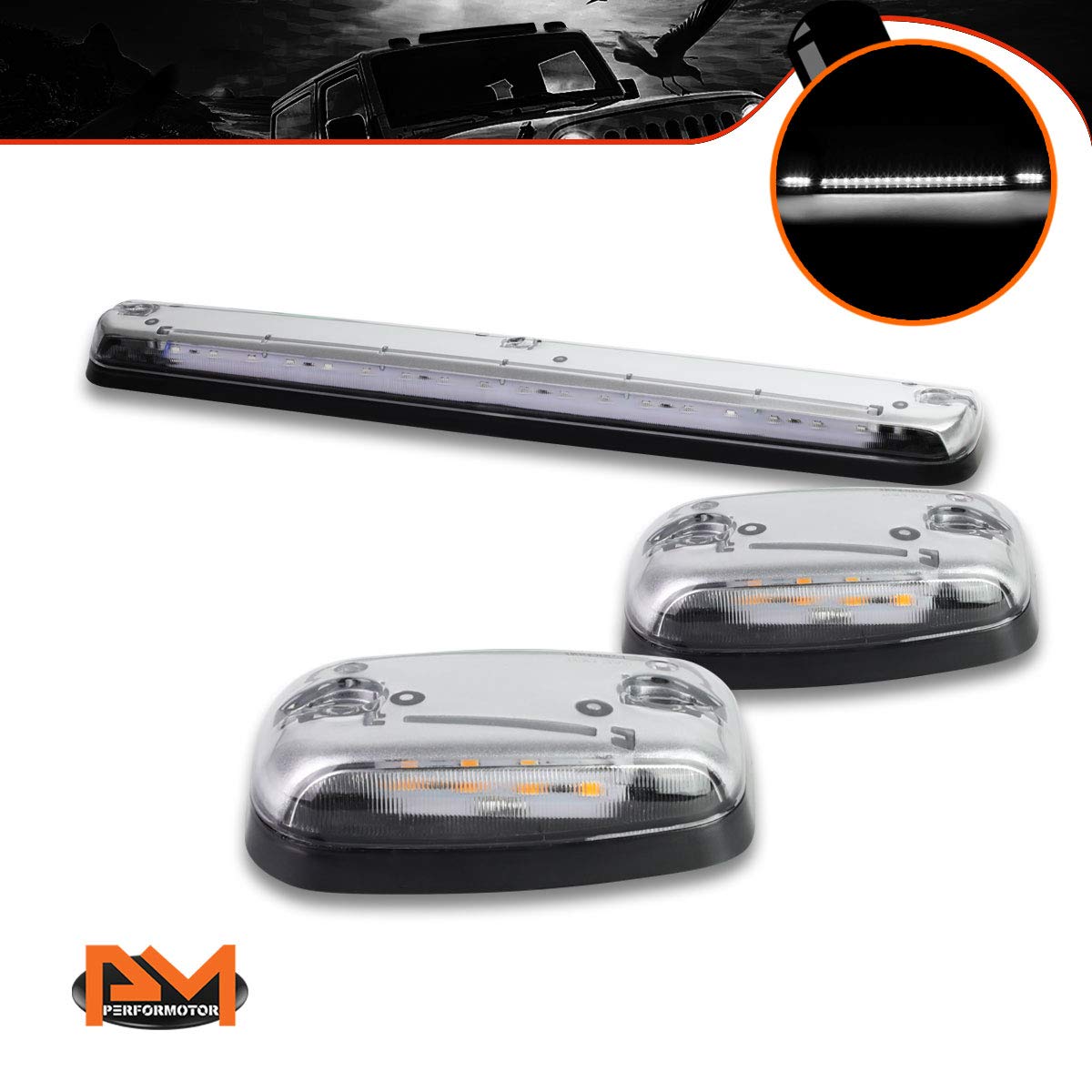 PM PERFORMOTOR 3Pcs White LED Cab Top Roof Running Lights Marker Lights Compatible with 07-13 Silverado Sierra,Chrome Housing/Clear Lens