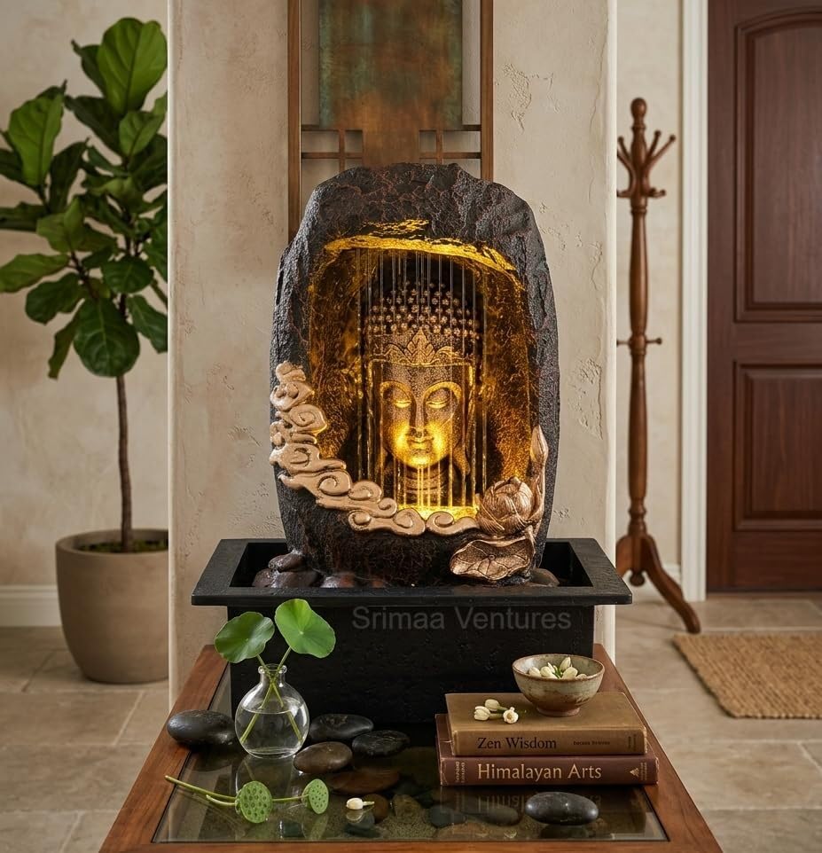 Artistic Gold Brown Meditating Buddha Fountain Polyresin Cave Style Indoor LED Front Curtain Waterfall with Speed Control Pump-image-5