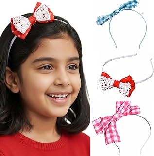 Combo of 3 Pcs Hairband for Girls One Red Classic Lace-Overlay Polka Dot Bow Band + Sweet Blue Checkered Bow Band + One Ca... Price In India