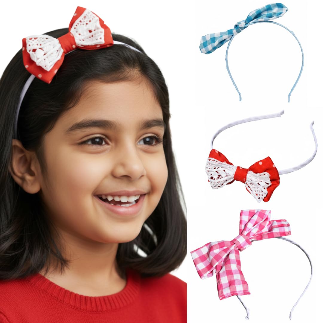 Combo of 3 Pcs Hairband for Girls One Red Classic Lace-Overlay Polka Dot Bow Band + Sweet Blue Checkered Bow Band + One Ca... - Review, Price and Buying Guide