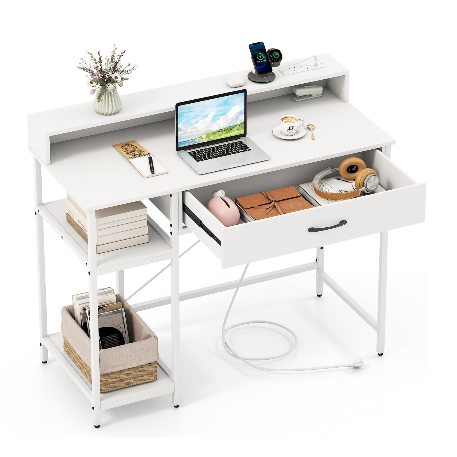 COSTWAY Computer Desk, Wooden Study Table Writing Workstation with Monitor Stand, Storage Shelves & Drawer, Heavy-duty PC Laptop Table Working Desk for Home Office (White, 106 x 48 x 90cm)