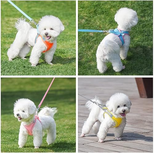 Miniatura 6 de Juego de correas de arnés para perro, suave sin tirones, ajustable, transpirable, de malla de nailon para gato, lindo y colorido collar para
