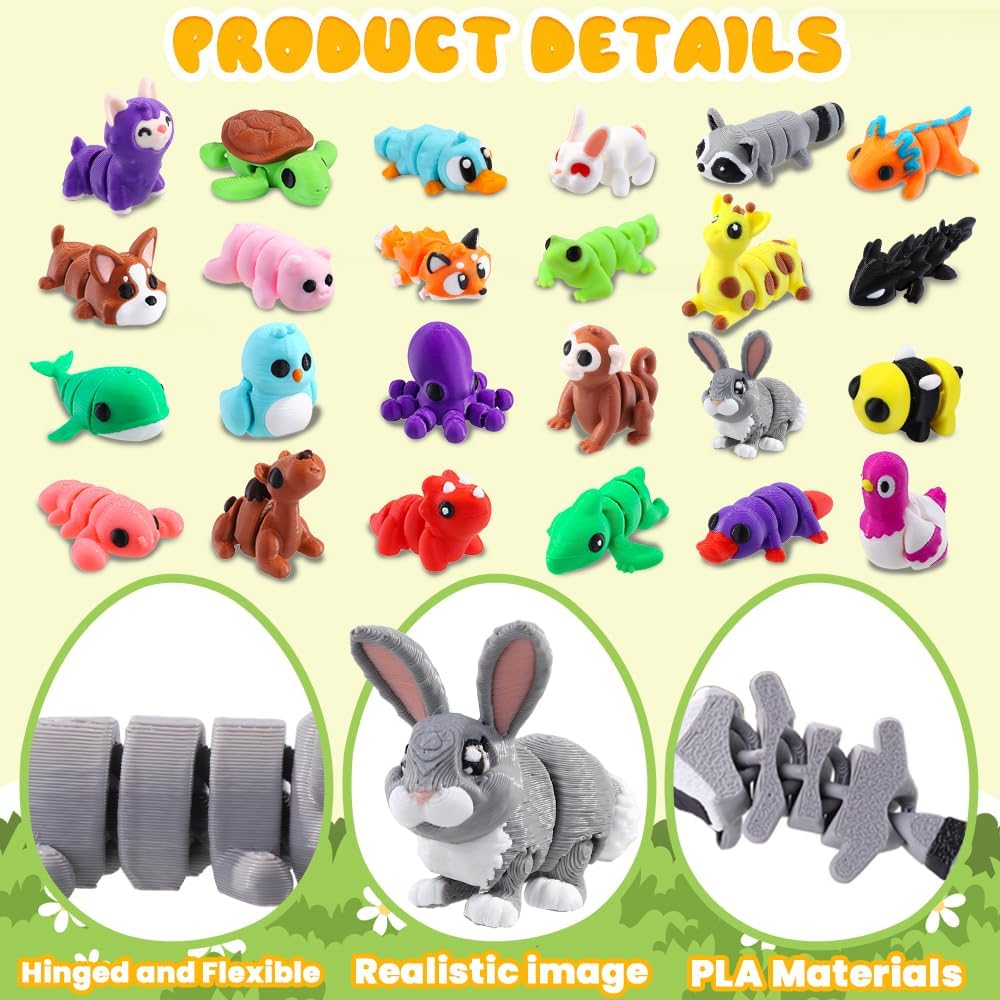 Vellibring 24pcs Prefilled Easter Eggs 3D Printed Animals for Kids, Easter Plastic Egg Basket Stuffers Hunt Gifts for Boys Girls Easter Prizes Goodie Bag Classroom Birthday Party Favor