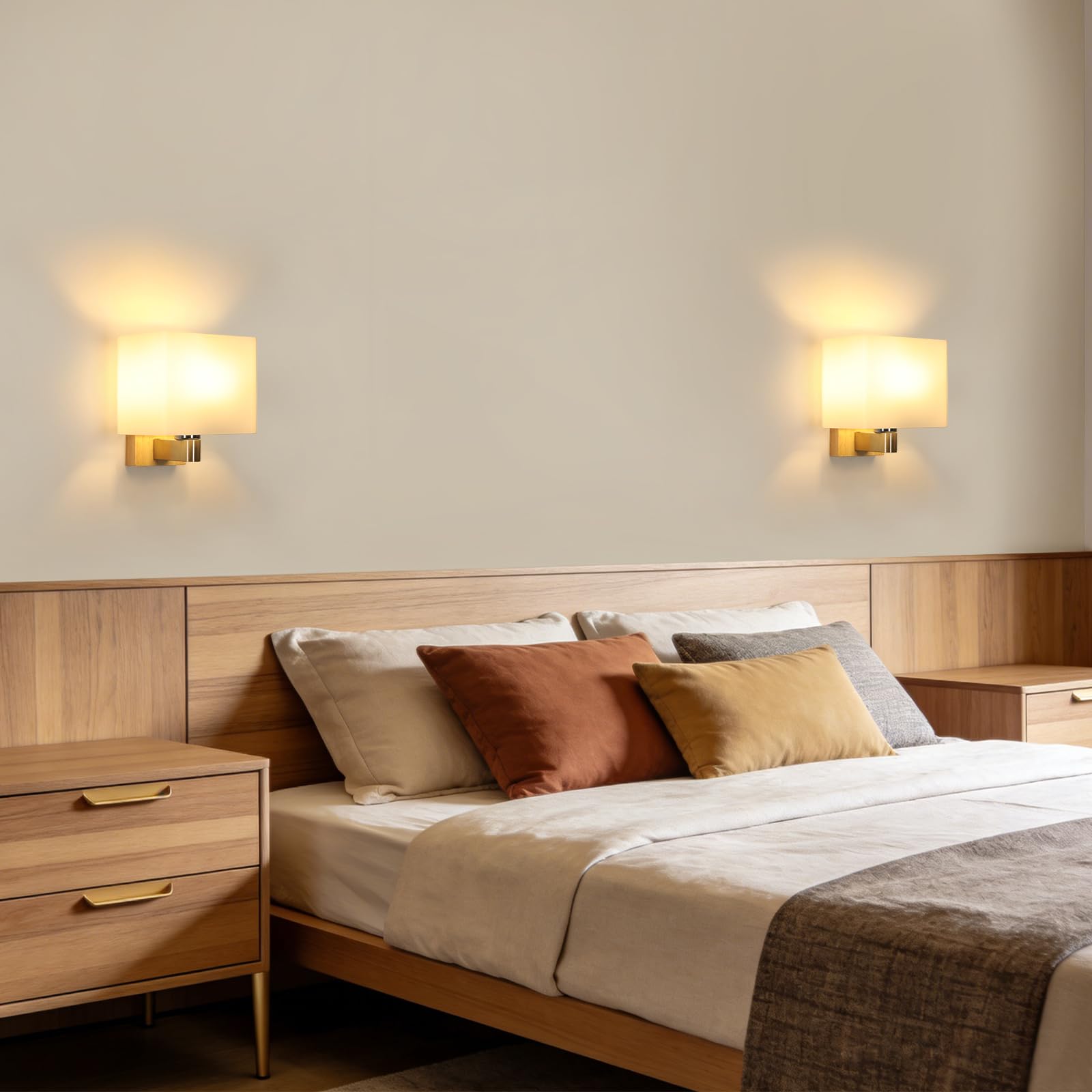 Holz Wandleuchte Innen E27, Moderne Wandlampe Holz mit Quadrat Glas Lampenschirm, Up Down Wandbeleuchtung Innen mit E27 Fassung für Schlafzimmer, Flur, Wohnzimmer, Treppen (Ohne Glühbirne)