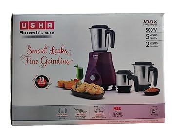 Usha Smash Deluxe 500Watt Mixer Grinder With 30 Minutes Continue Grinding