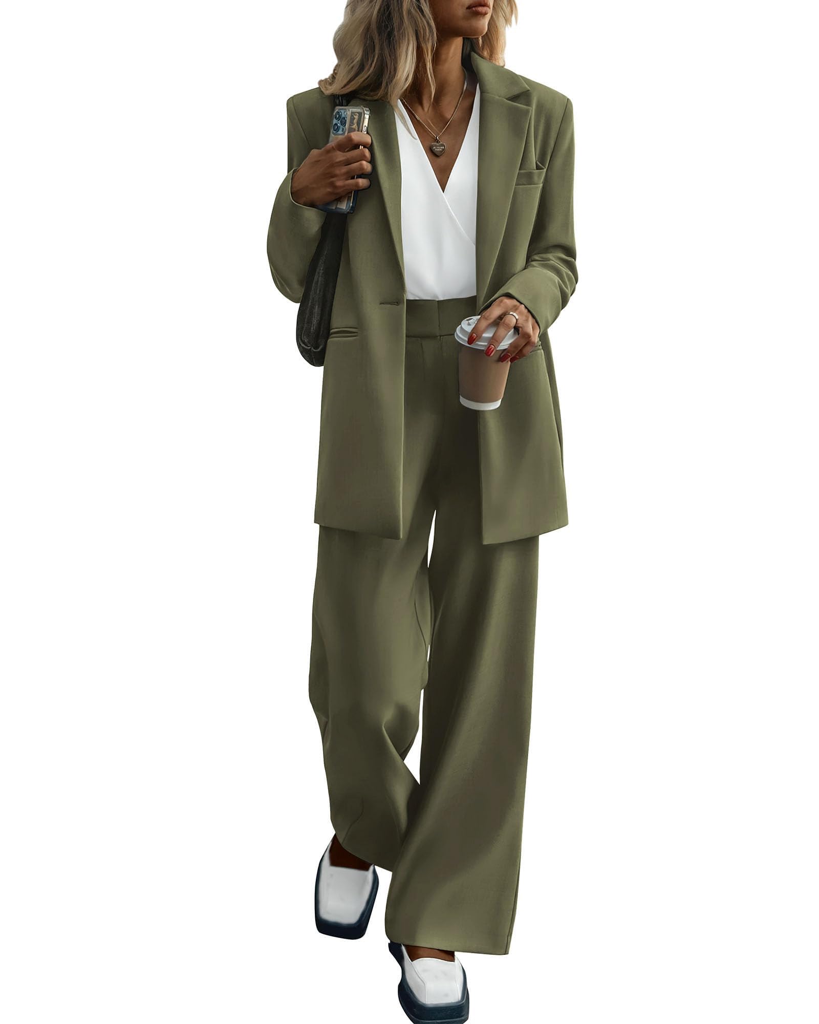 2-teiliges Outfit für Damen, eleganter Blazer, lässig, locker, langer Blazer, Jacken und elegante Hosenanzüge mit weitem Bein und Taschen