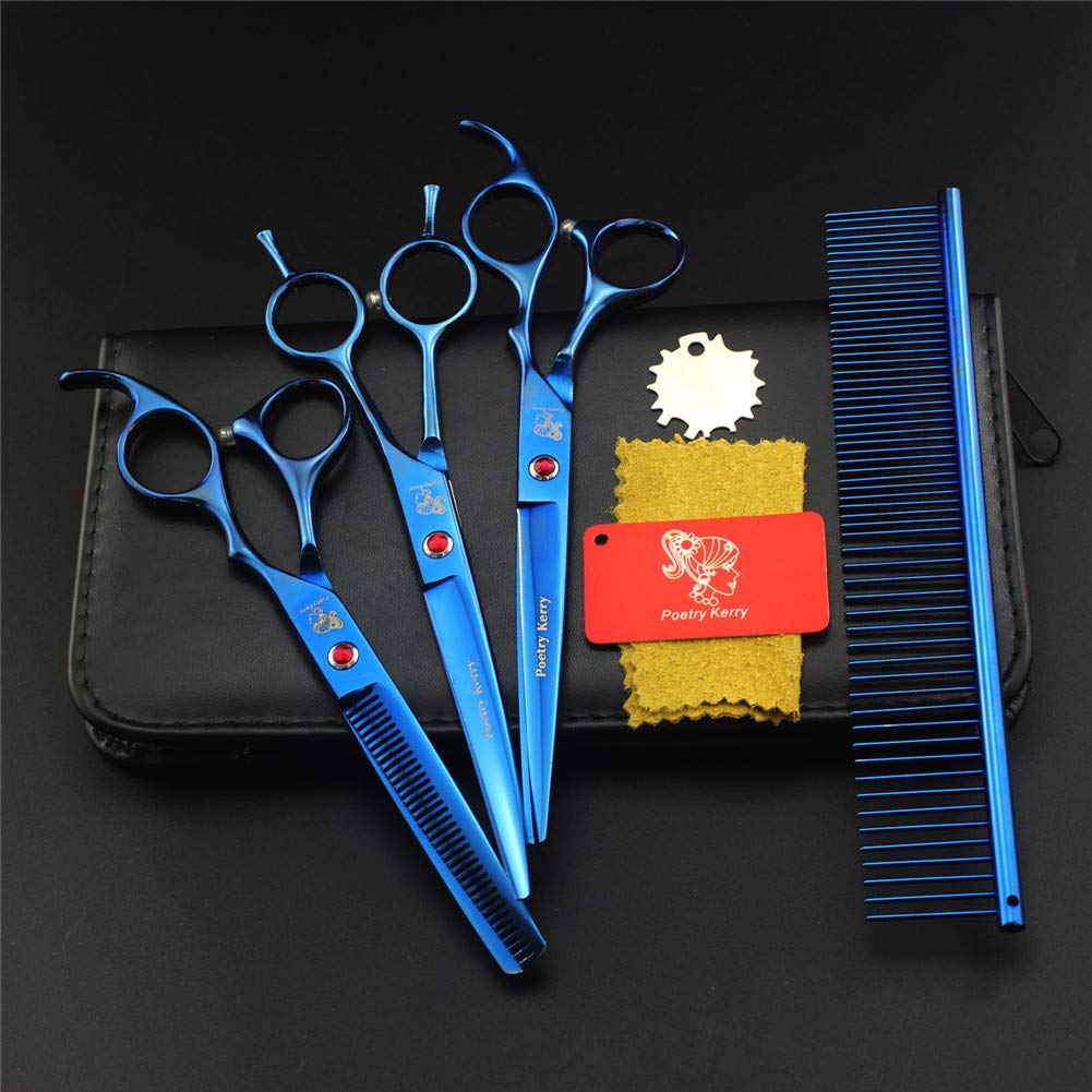 7 inch Professional Pet Dog Grooming Scissors 3 Set,blue plating Stainless Steel Dog Cat Hair Care Thinning Cutting Scissors, Curved Scissors, Grooming Comb(blue)