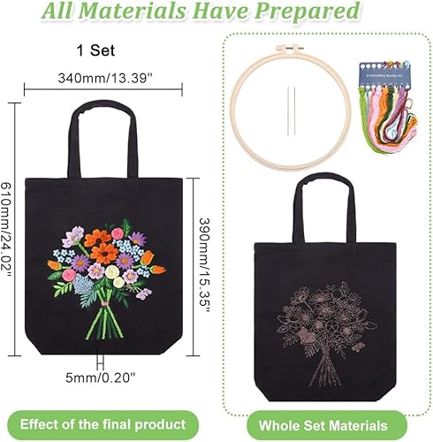 Miniatura 2 de WADORN Kit de bordado de bolsa de lona para bricolaje con patrón de flores, bolsa de mano negra, kit de iniciación de bordado hecho a mano, bolsa