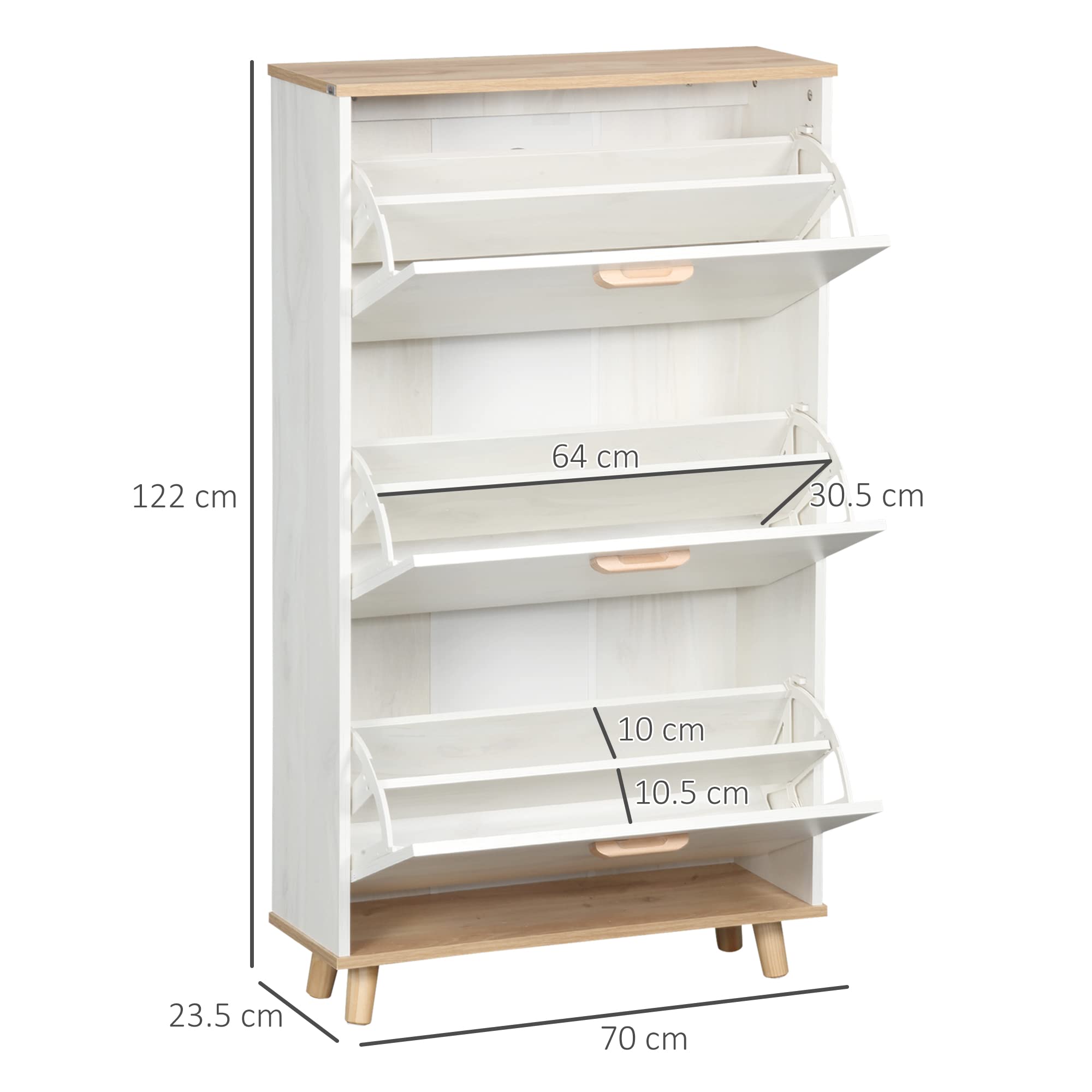 HOMCOM Mobile Scarpiera Salvaspazio in Truciolato con 3 Cassetti e 2 Ripiani Interni Regolabili, 70x23.5x122 cm, Bianco