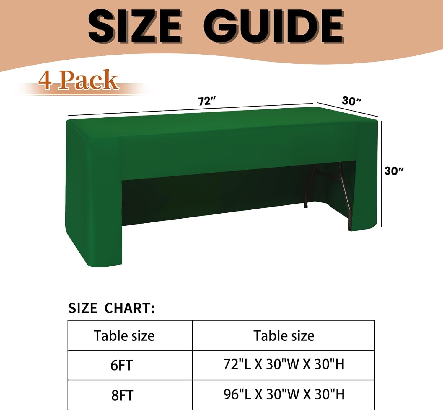 4 Pack Green Fitted Tablecloth, Open Back Fitted Table Cloths for 6 Foot Rectangle Tables, Washable Polyester Fabric Table Cover for Party,Wedding, Banquet, Craft Show and Trade Show(72" x 30")
