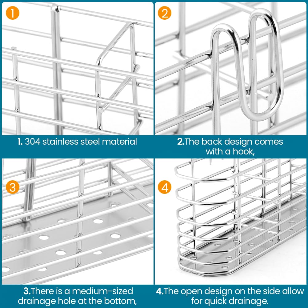 Soporte para utensilios de acero inoxidable 304, escurridor de platos con ganchos, soporte para utensilios para fregadero, cuchillo y tenedor, accesorios de cesta de drenaje de cocina (plateado