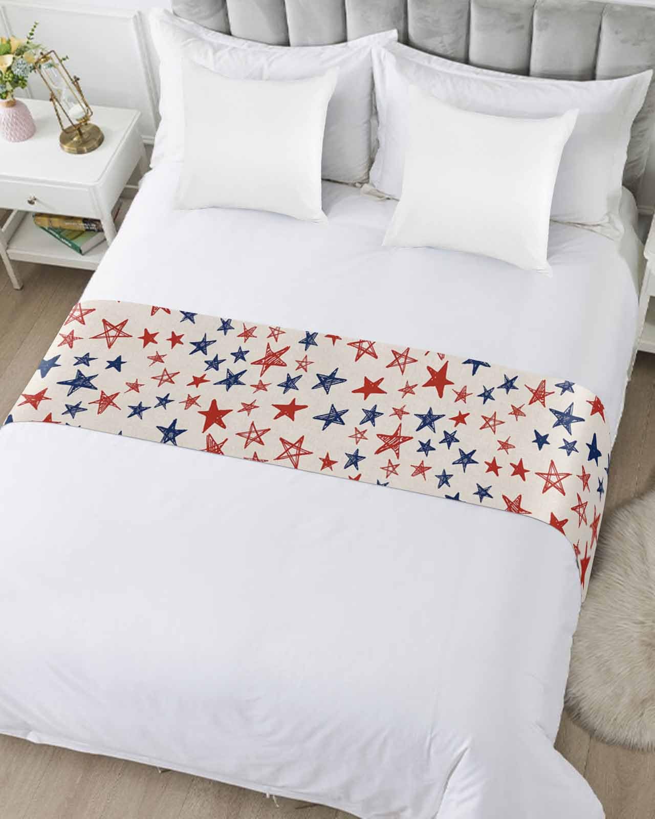 4th of July Bed Runner Patriotic Stars Bedding Scarves Soft Bed Flag Red White and Blue Vintage Bed Runners for Queen Size Bed Hotel Bedroom Independence Day Bed Throws for Foot of Bed 20x83