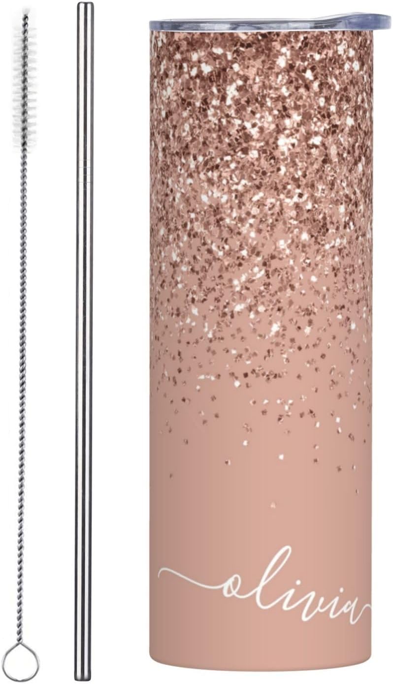 Blush Pink Rose Gold Glitter 20 oz Tumbler Stainless Steel Vacuum Insulation Travel Mug Proof Lid Water Coffee Cup Straw and Brush Included for Home Office School Work Great for Ice Drink Hot Beverage