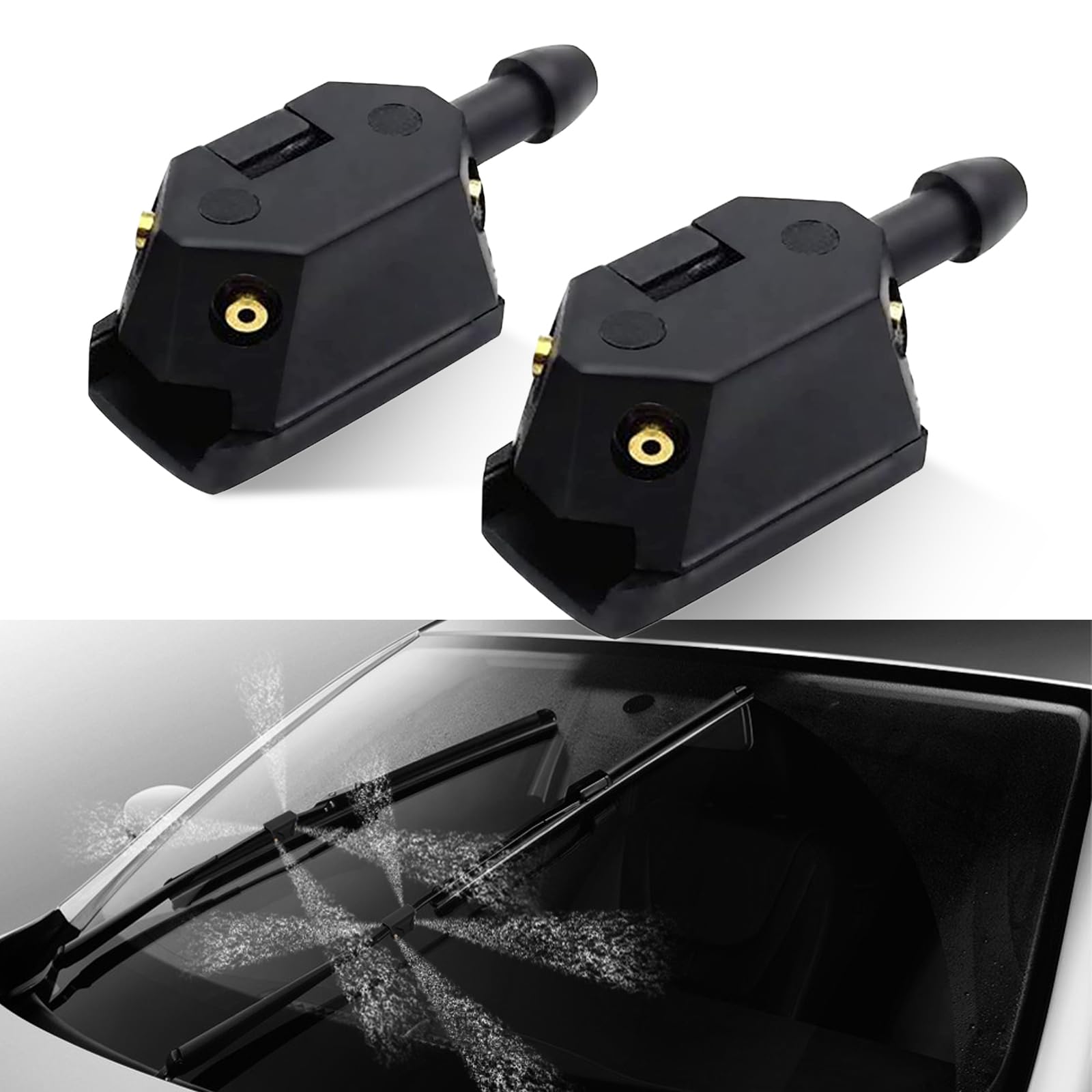 2 Pack Universal Windshield Washer Nozzle, 8mm 9mm Arm Mounted Jets Nozzles, Adjustable 4-way Water Spray, Car Windshield Wiper Spray Jet (Black)