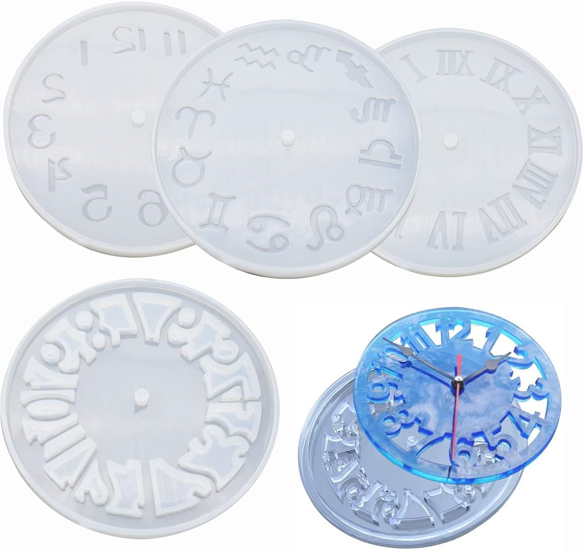 Handmade Silicone Clock Molds - 4 Pcs (Arabic+Roman+Hollow+Constellations) for Resin Casting Epoxy DIY Jewelry Making
