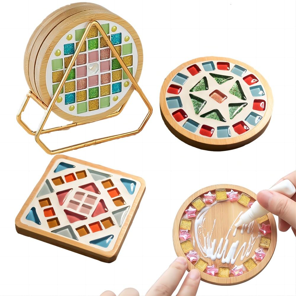 LJGOOD Mosaic Tiles for Crafting Mosaic Puzzle 4 Sets; 2 Square 2 Round Wood Coaster Handmade Mosaic Kits for Adults, DIY Mosaic Tiles for Adults Home Decor, Gifts for Mothers, Parent-Child Activity