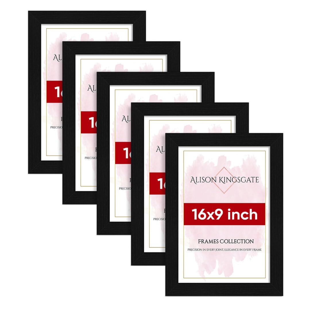 Alison Kingsgate Modern 16X9 BLACK Photo Frame Pack of 5-Engineered Wood Picture Frames with Shatterproof Perspex - Ideal for Artwork-Wall Mount or Tabletop - Multiple Sizes & Colours Available — image 1