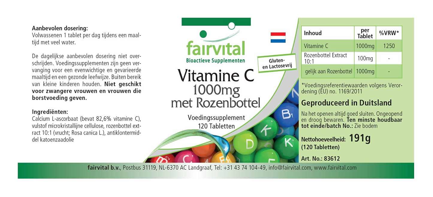 fairvital Vitamina C 1000 mg, 500 compresse, ad alto dosaggio e con rosa canina, VEGANA, facile da deglutire e delicata sullo stomaco, CONFEZIONE GRANDE