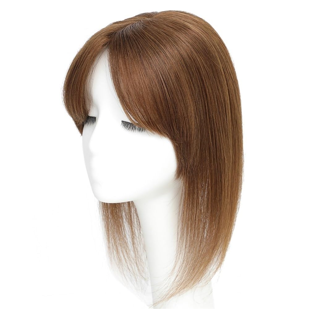 Peluca de cabello humano con clip para mujer, 12 x 13 cm, base de encaje con flequillo (10 pulgadas, marrón claro)