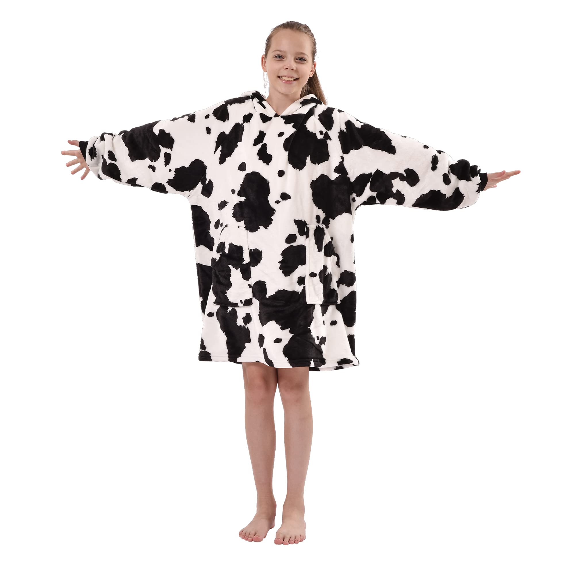 YaningWearable Blanket Hoodie, Oversized Sweatshirt Fleece Blanket with Deep Pocket and Sleeves, Soft Warm Cozy Cow Print Hoodie Blanket for 9-12yr Kids Teens Youth